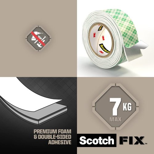 Scotch Permanent Double Sided Foam Mounting Tape 19mm x 1.5m White 169380 Buy online at Office 5Star or contact us Tel 01594 810081 for assistance