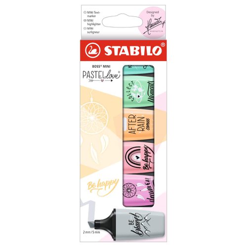 STABILO BOSS MINI Pastellove Assorted Colours Pale Orange/Frozen Fuchsia/Pink Blush/Hint of Mint/Touch of Turquoise and Dusty Grey (Pack 6) 07/06-29