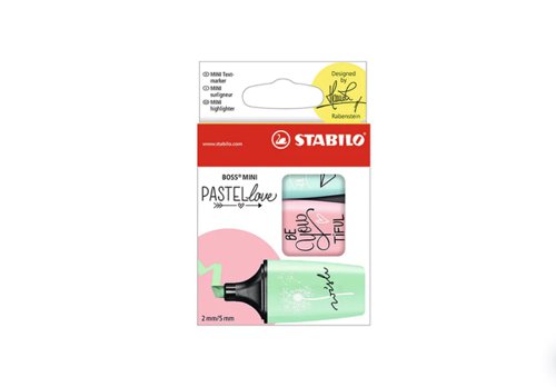 STABILO BOSS MINI Pastellove Assorted Colours Wallet Pink Blush/Touch of Turquiose and Hint of Mint (Pack 3) 07/03-49