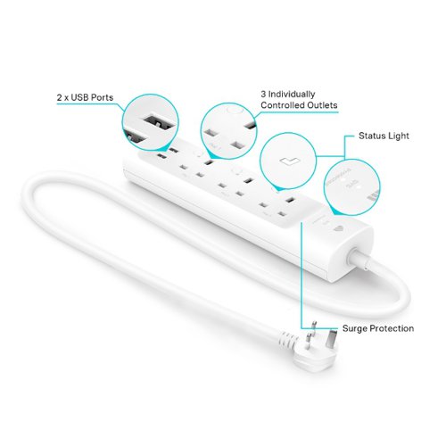 8TPKP303 | Smart controls with surge protection in one.With 3 smart outlets that can be separately managed and 2 always-on USB ports, the Kasa Smart Wi-Fi Power Strip meets your diverse needs like supporting multiple appliances from lamps to humidifiers and more, simultaneously or independently. Control up to 3 devices individually or collectively with the Kasa Smart app. Remotely turn off/on plugged in devices such as lamps, fans, heaters and other devices. Compatible with Alexa and Google Assistant. Free up your hands by using voice commands to control plugged in devices.