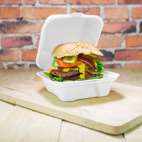 Practical and stylish burger clamshell. Doesn't trap condensation, so hot food stays crispy. The lid and base are equal depth, so when open form two trays. For hot or cold food to go - but especially burgers. Bagasse is recycled sugarcane fibre. Tree-free! Stylish white. Award-winning quality by Vegware, made from plants. Commercially compostable where accepted.