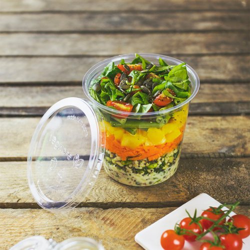 Round lid to fit Vegware 8-32oz deli containers. Stacks easily. Great seal, so you don't spill your salad or deli treats. Made from PLA, a renewable material made from plants. Clear for visibility. Award-winning quality by Vegware, made from plants. Commercially compostable where accepted.