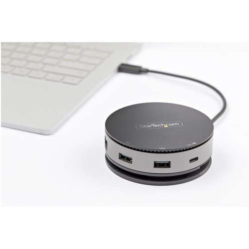 This USB-C Gen 2 10Gbps multiport adapter, with backward USB-C laptop compatibility, turns your USB-C or Thunderbolt 3 Windows laptop, MacBook Pro, iPad Pro, Surface, Chromebook, or Android tablet into a workstation, anywhere you go. The USB 3.2 Gen 2 Type-C hub adapter features a unique portable, circular design and all of the essential connectionsThis USB-C multiport adapter features HDMI, DisplayPort, and VGA ports providing you with three single video output options for your workstation setup or boardroom presentations including support for an ultra-wide monitor.The USB-C travel dock features a compact circular design and an attached extended length 24cm (10 in.) host cable, accommodating a wide variety of setups. Bus-powered for most applications, there's no need to carry around a separate bulky power adapter. If extra power required, you can use your external USB-C laptop power adapter with support for up to 75W Power Delivery pass-through (15W for docking station & rest for charging).Installation is fast and simple, with native support in most operating systems, and at only 7 ounces (198 g) and taking up less space than your smartphone, this dock easily fits in your laptop bag or briefcase with a convenient wraparound cable.