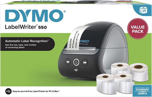Dymo LabelWriter 550 with 2 Rolls LW Multipurpose Labels 1 Roll LW Name Badge Labels and 1 Roll LW Durable Labels 2147592