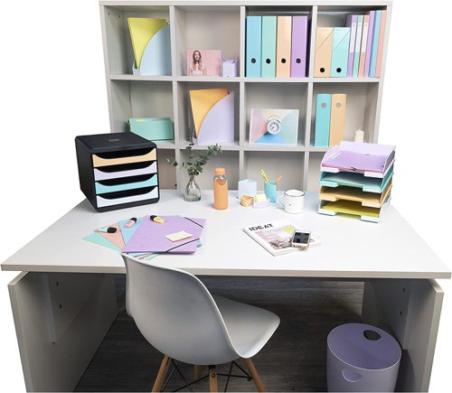 Inspired by the Scandinavian Hygge trend, the Aquarel stationery range offers pastel colours which are ideal for home offices, creating a cocooning atmosphere. The soft shades also offer comfort, helping to inspire wellbeing and reflection in any environment. The range includes lever arch files, ring binders, drawer sets, expanding organisers, letter trays, desk mats, pencil cases and much more. This set of 4 letter trays are ideal for documents in A4+ format and includes 12 distance spacers to increase the storage capacity. Robust and stable, stackable either vertically or in steps. Patented lateral COMBO 2 recesses save on space, packing and transportation costs.