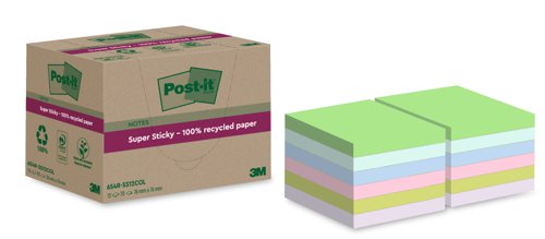 Post-it Super Sticky 100% Recycled Notes Assorted Colours 76 x 76 mm 70 Sheets Per Pad (Pack 12) 7100284781