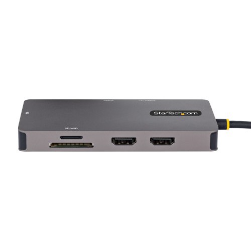 This USB Type-C Multiport Adapter with DP 1.4 Alternative Mode, DSC and MST, supports dual-HDMI (HDR) video with resolutions of up to 4K 60Hz uncompressed video. The mini travel dock turns your Dell XPS, Lenovo X1 Carbon, HP Elite/ProBook, or other USB-C laptop into a workstation, anywhere you go. The USB-C docking station provides dual HDMI outputs, a 2 port USB 3.2 Gen 1 Type-A (5Gbps) Hub including a BC 1.2 port to power and charge a USB peripheral, SD and MicroSD card readers, and a Gigabit Ethernet port, all through one connection to your laptop's USB-C or Thunderbolt 3/4 port. In addition, it offers advanced charging through USB Power Delivery (PD) 3.0 pass-through via an integrated 12-inch (30 cm) USB-C host cable, for more set up flexibility.The compact docking station connects your laptop to two HDMI monitors, creating a powerful workstation. It supports DP 1.4 Alt Mode with DSC and MST, for uncompressed video performance up to dual 4K (3840 x 2160p) at 60Hz, depending upon your host computer. The dock also supports the use of ultrawide monitors.Video performance, such as resolution and refresh rate across both monitors, is dependent upon your host computer and its video controller. A source device with support for DisplayPort 1.4, paired with DSC and DP 1.4 enabled HDMI displays, are required to achieve dual 4K 60Hz. Please review the specifications of your computer and displays, to determine expected video performance. StarTech.com performs rigorous performance benchmarks with all major computer models. The USB-C to USB 3.2 Gen 1 (5Gbps) hub provides two USB-A ports for connecting your USB devices. A versatile dock solution for use at your office desk, home office, hotel desk, or in the boardroom. It's portable enough to be carried in your bag / backpack for mobile use. The USB-C dock can operate with bus-power alone, , or with a USB-C power adapter connected to the pass-through port - for full laptop and peripheral charging. The lightweight docking station features a built-in 12 in (30 cm) USB-C host cable. Access your multimedia content with ease. The multiport adapter provides direct access to your SD / SDHC / SDXC or microSD (uSD) memory cards. With support for USB PD 3.0 (up to 100W), the USB Type-C multiport adapter enables you to power and charge your laptop and a USB peripheral, when a USB-C power adapter is connected to the pass-through port. PD 3.0 features Fast Role Swap (FRS) which prevents USB data disruption when switching power sources (e.g., USB-C power adapter to bus power). The Gigabit Ethernet port ensures reliable wired network access. Support for WoL allows you to boot the host computer from a remote location.Developed to improve performance and security, StarTech.com Connectivity Tools is the only software suite on the market that works with a wide range of IT connectivity accessories.