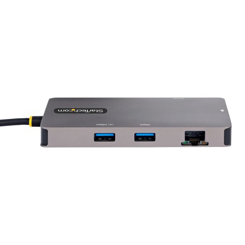 8ST120BUSBCMULTIPORT | This USB Type-C Multiport Adapter with DP 1.4 Alternative Mode, DSC and MST, supports dual-HDMI (HDR) video with resolutions of up to 4K 60Hz uncompressed video. The mini travel dock turns your Dell XPS, Lenovo X1 Carbon, HP Elite/ProBook, or other USB-C laptop into a workstation, anywhere you go. The USB-C docking station provides dual HDMI outputs, a 2 port USB 3.2 Gen 1 Type-A (5Gbps) Hub including a BC 1.2 port to power and charge a USB peripheral, SD and MicroSD card readers, and a Gigabit Ethernet port, all through one connection to your laptop's USB-C or Thunderbolt 3/4 port. In addition, it offers advanced charging through USB Power Delivery (PD) 3.0 pass-through via an integrated 12-inch (30 cm) USB-C host cable, for more set up flexibility.The compact docking station connects your laptop to two HDMI monitors, creating a powerful workstation. It supports DP 1.4 Alt Mode with DSC and MST, for uncompressed video performance up to dual 4K (3840 x 2160p) at 60Hz, depending upon your host computer. The dock also supports the use of ultrawide monitors.Video performance, such as resolution and refresh rate across both monitors, is dependent upon your host computer and its video controller. A source device with support for DisplayPort 1.4, paired with DSC and DP 1.4 enabled HDMI displays, are required to achieve dual 4K 60Hz. Please review the specifications of your computer and displays, to determine expected video performance. StarTech.com performs rigorous performance benchmarks with all major computer models. The USB-C to USB 3.2 Gen 1 (5Gbps) hub provides two USB-A ports for connecting your USB devices. A versatile dock solution for use at your office desk, home office, hotel desk, or in the boardroom. It's portable enough to be carried in your bag / backpack for mobile use. The USB-C dock can operate with bus-power alone, , or with a USB-C power adapter connected to the pass-through port - for full laptop and peripheral charging. The lightweight docking station features a built-in 12 in (30 cm) USB-C host cable. Access your multimedia content with ease. The multiport adapter provides direct access to your SD / SDHC / SDXC or microSD (uSD) memory cards. With support for USB PD 3.0 (up to 100W), the USB Type-C multiport adapter enables you to power and charge your laptop and a USB peripheral, when a USB-C power adapter is connected to the pass-through port. PD 3.0 features Fast Role Swap (FRS) which prevents USB data disruption when switching power sources (e.g., USB-C power adapter to bus power). The Gigabit Ethernet port ensures reliable wired network access. Support for WoL allows you to boot the host computer from a remote location.Developed to improve performance and security, StarTech.com Connectivity Tools is the only software suite on the market that works with a wide range of IT connectivity accessories.
