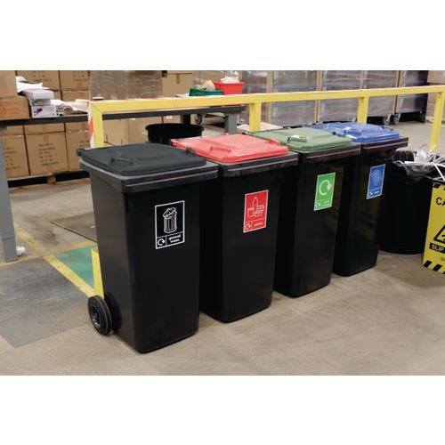Recycling wheelie bins with colour coded lids and stickers - set of 4
