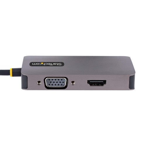 8ST118USBCHDMIVGADVI | This USB-C multiport video adapter offers a durable and portable solution for connecting your USB Type-C device to an HDMI, DVI, or VGA display.The HDMI 2.0b output supports up to 4K 60 Hz resolutions and HDR whereas VGA output supports up to 1920x1200 at 60 Hz, and the DVI-I output supports up to 1080p at 60 Hz. All the outputs offer compatibility with older displays supporting lower resolution. The adapter supports dual mirrored 1080p displays when using either VGA and HDMI or VGA and DVI-I monitor configurations.Avoid the hassle of carrying different adapters with a USB Type-C Multiport Video Adapter. Connect a USB-C DisplayPort Alt-mode device to virtually any display. A durable aluminium enclosure helps the adapter withstand being carried in a travel bag between office, home, shared spaces, and during business travel.The USB Type-C Display Adapter is compatible with USB-C DisplayPort Alt-mode, Thunderbolt 3, Thunderbolt 4 Laptops, Ultrabooks, Chromebooks, and MacBooks. Plug and Play (PnP) capability allows you to quickly connect to devices running Windows, macOS, iPadOS, chromeOS, or Linux. The VGA and DVI outputs are compatible with screw locking cables ensuring a secure connection with displays and projectors. The 12 inch (30 cm) attached cable allows for flexibility in your setup and less strain on ports and connectors.