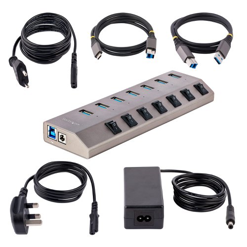 This 7-Port USB 3.2 Gen 1 (5Gbps) Hub adds seven USB Type-A ports to a computer, with the added benefit of each port having an individual on/off switch. The USB hub is self-powered with an included power adapter. It connects to a USB-A, or USB-C port on a laptop or desktop computer.The seven ports on the USB Hub feature a power switch to turn off the computers data/power connection to the attached device when it's not being used. This means you can turn off individual USB ports to reduce power consumption, without having to physically disconnect the device or cable. Also, this feature can ensure privacy by turning off cameras or external data storage devices that contain sensitive data, when they're not in use.The USB hub is self-powered, with an included 65W power adapter. This enables all seven ports on this USB hub to support BC 1.2, providing 1.5A (7.5W) of power simultaneously (52.5W total), making it ideal to charge battery powered USB devices like Smartphones, and Tablets, while also providing a data connection. The USB hub will provide power with or without a host computer connected, with support for both CDP (Charging Downstream Port) & DCP (Dedicated Charging Port) applications.The 7-port USB 3.2 Gen 1 (5Gbps) Hub expands computer's USB connectivity, adding seven USB-A ports from a single USB-A or USB-C port. The USB hub is backward compatible with older USB 2.0 (480Mbps) devices, ensuring support for a wide range of modern and legacy USB devices such as external storage devices (thumb drives, HDDs/SSDs), HD Cameras, mice, keyboards, webcams, and USB headsets.The 7-Port USB Hub is OS independent supporting all operating systems including Windows, macOS, Chrome OS, iPad OS and Android, and installs automatically when connected to a computer. To ensure wide compatibility with USB host devices, individual 3.3 ft. (1 m) USB-A, and USB-C host cables are included.