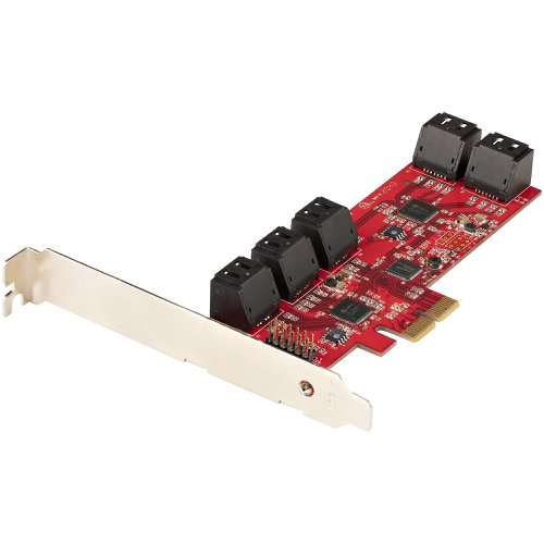 8ST10P6GPCIESATACARD | This 10-port SATA III (6Gbps) controller enables you to add 10 SATA 6Gbps Hard Drives (HDDs) or Solid State Drives (SSDs) to your computer system or server via an available PCIe x2 card slot. The card supports SATA III and PCI-Express 2.0 Specifications.ASM1062 to Deliver 10-Port SATA 6Gbps PerformanceFeaturing the ASM1062 controller, this SATA card enables the connection of 10 high-performance SATA 6Gbps drives with a combined total throughput of up to 8Gbps. The SATA drives are connected via ten individual SATA ports located on the card (SATA cables sold separately).Wide CompatibilityThe controller card is widely supported across all popular operating system platforms including Windows (7,8,10, 11), macOS (10.10 and above) and Linux (2.6.32 and above). The card also supports port multiplier, giving you the ability to connect multiple drives to a single SATA port (additional hardware required, sold separately).To further improve motherboard compatibility the card does not have a built-in RAID controller, but fully supports the use of software RAID. Plus, with support for PCIe 2.0 and SATA III Specifications this card ensures backward compatibility with previous generations (SATA I/II, PCIe 1) at lower performance.Hassle-Free InstallationThe SATA controller card features plug-and-play installation and can be installed in a full-profile or low-profile computer systems with the full-profile bracket preinstalled, and an interchangeable low-profile (half-height) bracket included. The card also supports storage software data management systems such as Storage Spaces (Microsoft), RAID Assistant (MacOS) and mdraid/mdadm (Linux), for hassle-free setup, partitioning and software RAID array building.10P6G-PCIE-SATA-CARD is backed by a StarTech.com 2-year warranty and free lifetime 24/5 North American based, multi-lingual support.