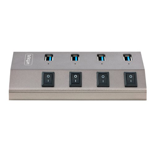 This 4-Port USB 3.2 Gen 1 (5Gbps) Hub adds four USB Type-A ports to a computer, with the added benefit of each port having an individual on/off switch. The USB hub is self-powered with an included power adapter. It connects to a USB-A, or USB-C port on a laptop or desktop computer.The four ports on the USB Hub feature a power switch to turn off the computers data/power connection to the attached device when it's not being used. This means you can turn off individual USB ports to reduce power consumption, without having to physically disconnect the device or cable. Also, this feature can ensure privacy by turning off cameras or external data storage devices that contain sensitive data, when they're not in use.The USB hub is self-powered, with an included 36W power adapter. This enables all four ports on this USB hub to support BC 1.2, providing 1.5A (7.5W) of power simultaneously (30W total), making it ideal to charge battery powered USB devices like Smartphones, and Tablets, while also providing a data connection. The USB hub will provide power with or without a host computer connected, with support for both CDP (Charging Downstream Port) & DCP (Dedicated Charging Port) applications.The 4-port USB 3.2 Gen 1 (5Gbps) Hub expands a computer's USB connectivity, adding four USB-A ports from a single USB-A or USB-C port. The USB hub is backward compatible with older USB 2.0 (480Mbps) devices, ensuring support for a wide range of modern and legacy USB devices such as external storage devices (thumb drives, HDDs/SSDs), HD Cameras, mice, keyboards, webcams, and USB headsets. The 4-Port USB Hub is OS independent supporting all operating systems including Windows, macOS, Chrome OS, iPad OS and Android, and installs automatically when connected to a computer. To ensure wide compatibility with USB host devices, individual 3.3 ft. (1 m) USB-A, and USB-C host cables are included.