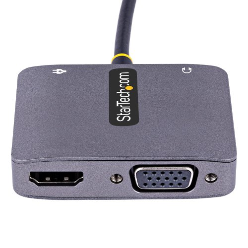 This USB-C Multiport Video Adapter offers a portable solution for connecting USB Type-C devices to HDMI and/or VGA displays, with up to 100W of Power Delivery.This Multiport Adapter supports a single HDMI display at resolutions up to 4K 60Hz, a single VGA display at resolutions of up to 1920x1200 60Hz or dual-mirrored HDMI and VGA displays at resolutions of up to 1080p. The 3.5mm audio port can be used for connecting speakers while presenting with a VGA projector/display, or headphones.The adapter is equipped with an extra-long 12 inch (30cm) attached cable, providing an extended reach, to reduce port and connector strain on 2-in-1 devices, tablets, or laptops on risers/stands.The USB C to HDMI and VGA Adapter is bus powered for easy use while traveling. Optionally, connect a USB-C power adapter and charge your laptop using the Power Delivery 3.0 pass-through feature, supporting up to 100W charging.The USB Type-C Display Adapter is compatible with USB-C DisplayPort Alt-mode, Thunderbolt 3, and Thunderbolt 4 enabled laptops, Ultrabooks, Chromebooks, and MacBooks. Plug and play (driver/software free) compatibility with any operating system such as Windows, macOS, iPadOS, Chrome OS, and Linux.