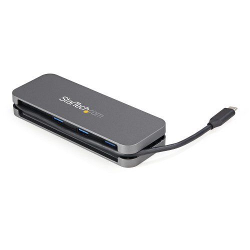 This 4 Port USB-C Hub enables you to connect four SuperSpeed USB 3.2 Gen 1 (5 Gbps) peripherals to your USB-C laptop or computer, an ideal solution for adding USB ports to a device that has limited USB ports available. It features a wrap-around cable manager, allowing you to tuck away the built-in cable for easy portability.With this USB-C hub you can connect three USB-A devices, and one USB-C device, to a single USB-C port on your USB-C host device. The USB Type-C hub shares up to 15W (5V/3A) of power between connected devices, making it an ideal solution for connecting SSD/thumb drives, data storage, keyboards, mice, web cams and USB headsets. The USB hub is backward compatible with USB 2.0 (480 Mbps). Featuring a durable plastic housing that's lightweight, and a sleek wrap-around cable management system, this USB hub is the perfect travel companion for your laptop. Its small footprint ensures it will store easily in your laptop bag, and the wrap-around cable manager prevents tangles, ensuring easy accessibility. The USB hub is bus powered so there's no bulky external power adapter.The USB hub is OS independent ensuring support on a wide range of platforms including Windows, macOS, Linux, iPadOS, Chrome OS and Android. The built-in host cable is 11 in. (28 cm) long, providing enough length to easily integrate into any workstation, reaching your host device even when it's placed on a laptop riser or stand. The USB-C host connection work  with any USB-C or Thunderbolt 3 laptop, tablet, smartphone or 2-in-1, such as Surface Pro 7, Surface Book, iPad Pro, MacBook/MacBook Pro/MacBook Air, XPS or X1 Carbon.