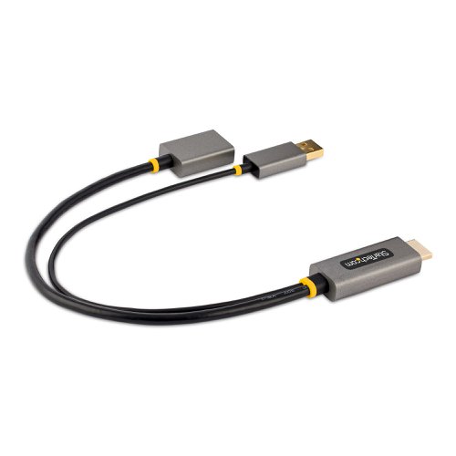 This HDMI to DisplayPort adapter connects a 4K 60Hz HDMI video source, such as a laptop or desktop, to a DisplayPort monitor or projector.This 1ft (30cm) HDMI to DisplayPort adapter supports up to 3840x2160 60Hz with HDR, HDCP 2.2, and 2-channel DisplayPort audio. In addition, it supports 4K 30hz, 1080p, and ultrawide resolutions up to 3440x1440 60Hz.The HDMI to DP converter features a 1ft (30cm) cable between the HDMI and DP connectors, reducing strain on ports and connectors. The adapter includes an attached 1ft (30cm) USB-A cable for connecting to a nearby powered USB port or a USB wall charger.Plug and play setup is compatible with any HDMI enabled laptop, desktop, Ultrabook, MacBook, or Chromebook. The HDMI to DP Adapter utilizes the video capabilities of the host device, reducing CPU usage that may occur with driver-based video adapters. Works with any operating system, including Windows, macOS, Ubuntu, and ChromeOS.