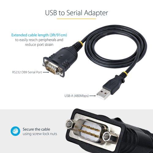 StarTech.com 3ft USB To Serial Cable RS232 to USB Adapter 8ST1P3FPUSBSERIAL Buy online at Office 5Star or contact us Tel 01594 810081 for assistance