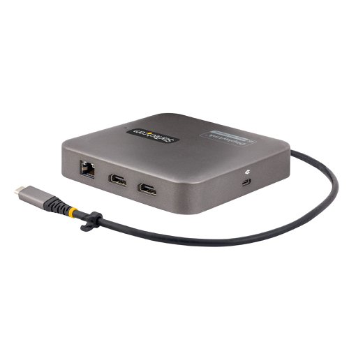 This USB-C Mini Dock / Multiport Adapter supports up to dual 4K 60Hz HDMI 2.0 converting your Dell XPS, MacBook or other USB-C laptop or tablet into a workstation, anywhere you go. The USB Type-C™ Multiport Adapter features 2x HDMI video outputs, a 2-Port USB 3.2 Gen 2 (10 Gbps) Hub (1x USB-A with B.C 1.2 charging, and 1x USB-C), an SD card reader, and Gigabit Ethernet. The adapter connects to your host computer's USB-C, USB4, or Thunderbolt 3/4™ port. Charge your host laptop and any attached USB peripherals by connecting the host laptop's power supply to the dedicated USB Power Delivery (PD) 3.0 port. The Multiport Adapter features an extra-long attached 22-inch (55 cm) host cable - for an extended reach, to offer more set up flexibility.
