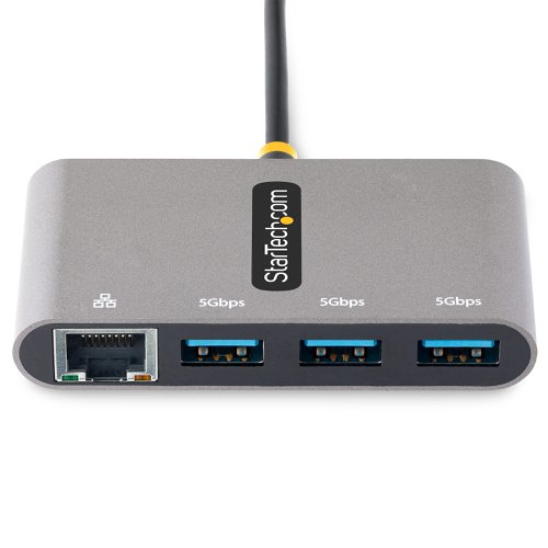 This USB-C Hub with Gigabit Ethernet adds three USB-A 3.2 Gen 1 (5Gbps) ports and one Gigabit Ethernet port to a USB-C enabled computer. The bus-powered USB Hub connects to a USB-C port on a laptop computer, using the built-in 1 ft. (30 cm) host cable. This USB hub is compact in size, facilitating portability when travelling.