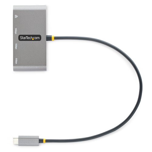 This USB-C Hub with Gigabit Ethernet adds three USB-A 3.2 Gen 1 (5Gbps) ports and one Gigabit Ethernet port to a USB-C enabled computer. The bus-powered USB Hub connects to a USB-C port on a laptop computer, using the built-in 1 ft. (30 cm) host cable. This USB hub is compact in size, facilitating portability when travelling.