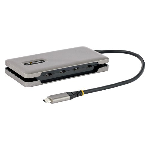 This 4-Port USB-C Hub with optional USB Power Delivery (PD) pass-through, expands the connectivity of a USB-C laptop. This hub features four USB 3.2 Gen 2 (10Gbps) Type-C ports, that support high-bandwidth USB peripherals. Connect the attached USB-C cable to a USB Type-C or Thunderbolt™ 3/4 port, located on the host computer, to enable the quick connection of up to 4 peripherals. This lightweight USB-C Hub can operate with bus-power. Alternatively, connect a USB-C power adapter (not included) to the designated USB-C PD port for laptop charging.