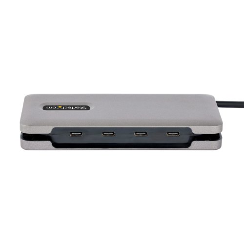 This 4-Port USB-C Hub with optional USB Power Delivery (PD) pass-through, expands the connectivity of a USB-C laptop. This hub features four USB 3.2 Gen 2 (10Gbps) Type-C ports, that support high-bandwidth USB peripherals. Connect the attached USB-C cable to a USB Type-C or Thunderbolt™ 3/4 port, located on the host computer, to enable the quick connection of up to 4 peripherals. This lightweight USB-C Hub can operate with bus-power. Alternatively, connect a USB-C power adapter (not included) to the designated USB-C PD port for laptop charging.