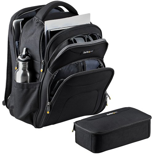 8STNTBKBAG173 | 17.3” Laptop BackpackThis laptop backpack is designed and built with IT Professionals & Technicians in mind. For short or long-distance commutes, this travel-friendly IT backpack can carry your 17.3” laptop and tablet with you wherever you go. Equipped with an accessories case that can be easily removed and fits all of your IT accessories, including your laptop charger, display adapters, wireless mouse, tools, measurement instruments, and more. The laptop bag and accessory case are constructed of heavy-duty ballistic nylon to keep your items secure.Removable Case for IT AccessoriesThe removable travel accessories pouch (10.5in x 5.25in x 3in) is stored in its own compartment and was designed to be easily accessed using the lower side pocket of the backpack to avoid searching through or displacing other items. The hook and loop dividers can be adjusted or removed to suit your needs, and the bungee grid is perfect for storing smaller IT accessories and cables. With the case removed, the main compartment can be expanded to offer more room for any other essentials required for a short or long-term trip.Ergonomic and Travel FriendlyThe computer bag features breathable ergonomic padding to help relieve strain and maximize comfort. It is designed for short distance (i.e. daily commuting) and long-distance travel (i.e. tradeshows and customer visits). The laptop bag features adjustable shoulder straps and a handle that is easy to grip. The laptop backpack meets most airline and TSA carry-on requirements and allows you to bundle your travel bags and rolling luggage using the integrated trolley sleeve.Thoughtful DesignThere are a variety of practical pockets, including a velvet-lined pocket to store sensitive items, a pocket for water bottles, and a pocket on the shoulder strap (to keep your phone, passport, or work badge easily accessible), among others.This notebook backpack is backed by a StarTech.com limited lifetime warranty, and free lifetime technical support.