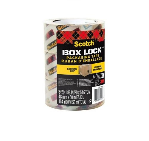 39082MM | Scotch® Box Lock™ Packaging Tape sticks instantly to any box! It has the power of extreme grip to ensure boxes stay securely sealed, even during rough handling. Its advanced adhesive creates a secure seal over box edges, and its thickness and durability reduces splitting and tearing and makes it easier to find the start of the roll. This tape can be used to seal any type of box, including harder-to-stick-to 100% recycled boxes.