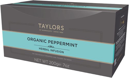 39624NT | For centuries mint has been used as an aid to digestion. The natural peppermint leaves have a delightful fresh, clean flavour that makes a soothing infusion at any time of the day. Taylors of Harrogate buy organically-grown peppermint for the best purity and flavour. For the perfect cup it is recommended that you use one tea bag. Add freshly boiled water and infuse for 3-4 minutes. Each 200g box contains 100 individually wrapped and tagged tea bags.