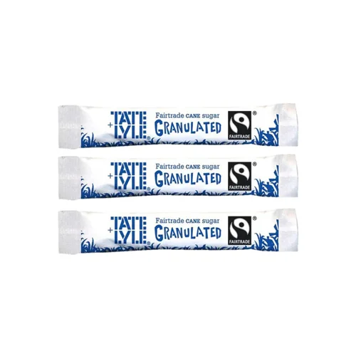 These individually wrapped single portions of sugar are ideal for use in meetings and conferences, or for supplying to customers in coffee shops. Fairtrade certification helps ensure that the growers of the sugar have received a fair deal. This bulk pack of 1,000 white sugar sticks is ideal for catering use.