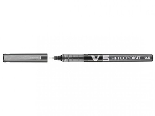 PI04017 | This Pilot V5 Hi-Tecpoint rollerball pen contains vibrant liquid ink with a unique ink flow control system for smooth writing. The pen features an extra fine 0.5mm nib, which writes a consistent 0.3mm line width. The barrel also features a viewing window for monitoring remaining ink levels. This pack contains 12 pens with black ink.