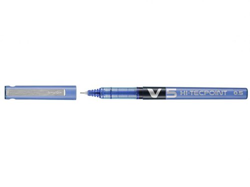 This Pilot V5 Hi-Tecpoint rollerball pen contains vibrant liquid ink with a unique ink flow control system for smooth writing. The pen features an extra fine 0.5mm nib, which writes a consistent 0.3mm line width. The barrel also features a viewing window for monitoring remaining ink levels. This pack contains 12 pens with blue ink.