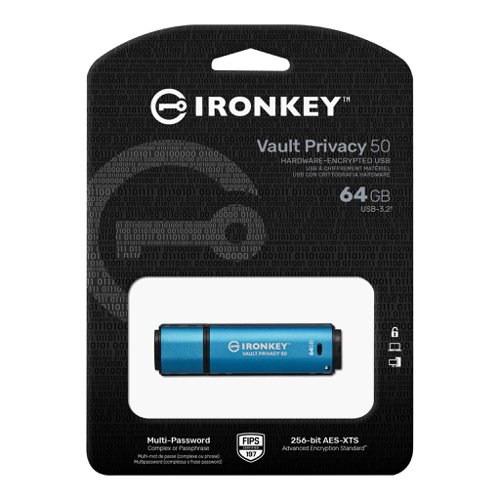 Kingston IronKey Vault Privacy 50 series are premium USB drives that provide business grade security with FIPS 197 certified AES 256-bit hardware-encryption in XTS mode. Includes safeguards against BadUSB with digitally-signed firmware and against Brute Force password attacks. VP50 series is also TAA compliant. Because it is encrypted storage under the user's physical control, VP50 series are superior to using the internet and Cloud services to safeguard data. Brute Force attack protection locks out User or One-Time Recovery passwords upon 10 invalid passwords entered in a row, and crypto-erases the drive if the Admin password is entered incorrectly 10 times in a row.