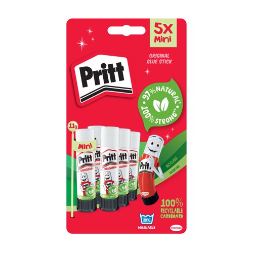 Pritt Original Glue Stick Sustainable Long Lasting Strong Adhesive Solvent Free 11g Mini (Pack 5) - 2741298