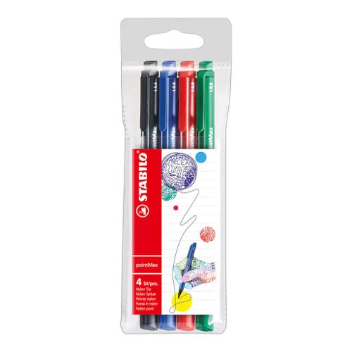 STABILO pointMax Nylon Tip Writing pen 0.4mm Line Black/Blue/Red/Green (Pack 4) 488/4 Fineliner & Felt Tip Pens 10920ST