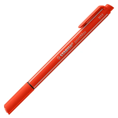 10920ST | Developed to write in the utmost comfort, once you've tried it out you never want to miss it anymore. What makes the STABILO pointMax so special is its uniquely robust and durable pen tip. Specifically designed to create a consistent ”M” (medium) 0.8 mm line width, it is ideal for everyday tasks and special hobbies alike. Whether writing a birthday card to someone special, your ideas on sticky notes in a creative session, quick notes on the phone or you are simply ruling lines, the 0.8 mm line width ensures efficiency, finesse and visibility. The rich and vibrant palette of 42 colours is designed for you to truly express yourself. The STABILO pointMax comes with a practical and handy clip and you can leave the cap off for up to 24 hours without ink and tip drying out.