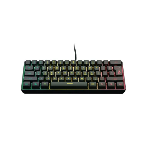 VER48701 | Tournament-sized keyboard.  The 60% form factor SureFire KingPin X1 has all the features and colourful RGB – it’s perfectly mobile.  The compact king! Where desk space is a premium, the KingPin X1 delivers all the functionality of a regular gaming keyboard compressed neatly into a 60% form-factor.  Perfect for taking to events, LAN parties or tournaments or for gamers who just prefer minimalistic or smaller set ups.With 8 static colours and 3 active lighting modes, and adjustments for speed and intensity, players can create the perfect vibe.  It can be cool, it can be edgy, it can be fun – it’s up to you.With its tough 1.8m braded cable and a lifetime of 10 million key hits, you can be assured that the SureFire KingPin X1 will stay with you throughout every battle.  Accuracy and control is maintained with 25 anti-ghosting keys proving you with the support you need in the midst of high intensity game play.