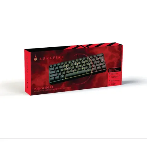 VER48701 | Tournament-sized keyboard.  The 60% form factor SureFire KingPin X1 has all the features and colourful RGB – it’s perfectly mobile.  The compact king! Where desk space is a premium, the KingPin X1 delivers all the functionality of a regular gaming keyboard compressed neatly into a 60% form-factor.  Perfect for taking to events, LAN parties or tournaments or for gamers who just prefer minimalistic or smaller set ups.With 8 static colours and 3 active lighting modes, and adjustments for speed and intensity, players can create the perfect vibe.  It can be cool, it can be edgy, it can be fun – it’s up to you.With its tough 1.8m braded cable and a lifetime of 10 million key hits, you can be assured that the SureFire KingPin X1 will stay with you throughout every battle.  Accuracy and control is maintained with 25 anti-ghosting keys proving you with the support you need in the midst of high intensity game play.