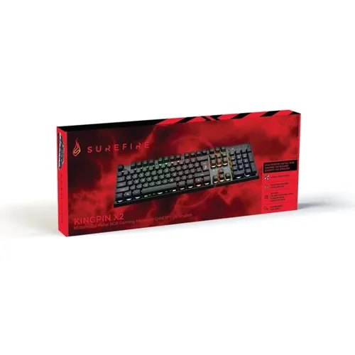 VER48707 | With eye-catching RGB and a metal frame to withstand the toughest of battles, the SureFire KingPin X2 gaming keyboard has the looks and the muscle for any gaming set up.With a tough aluminium front panel, the KingPin X2 is primed for battle.  Combined with its strong 1.8m braded cable and a lifetime of 10 million key hits, you know it will withstand even the roughest plays! The 12 multimedia function keys make it possible to control sound volume or lighting quickly and easily from the keyboard and play and pause music or open mail or web browsers. And with its 25 anti-ghosting keys deliver accuracy and control in game play, even when several keys are pressed simultaneously.
