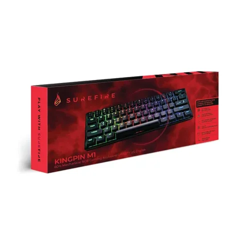 The KingPin M1 is ideal for streamlined setups where desk space is at a premium. Perfect for taking to events, LAN parties or tournaments, the powerful software allows gamers to set functions for every key, create and manage macros, and disable keys for improved game play. The red mechanical switches have a linear travel, combined with minimal spring force, resulting in a smooth keypress that is ideal for performance gamers. With a superfast 1ms response time and 50 million keystrokes guaranteed, the SureFire KingPin M1 will not let you down. Delivering all the functionality of a regular gaming keyboard, compressed neatly to 60%, it does not lose functionality because all missing inputs are still accessible via secondary functions and shortcuts. Ideal for all those gamers who prefer minimalistic and compact set ups. The RGB lighting offers a multitude of colour options that can be programmed with the supplied software. Featuring six active lighting modes including a customised option; and adjustments for speed and intensity; players can set the lighting ambience to match the game scenario and bring everything to life.