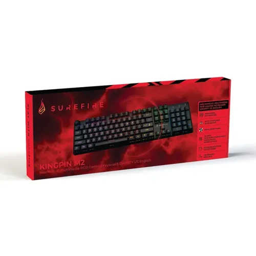 VER48719 | A gaming keyboard by SureFire that can withstand a lifetime of battle. KingPin M2 comes full sized, with RGB, mechanical switches, and in metal.With a superfast 1ms response time and guaranteed 50 million keystrokes, the SureFire KingPin M2 will have your back. Using red linear mechanical switches with a minimal spring force, the keypresses are effortlessly silky, ideal for gamers who want to stay ahead of the pack.You want to personalize your gaming experience?  Our removable keycaps give you the opportunity to customize your keyboard and our north-facing switches deliver great RGB shine through!You need colour when you play.  With the spectacular RGB lighting options of the KingPin M2 that can be programmed with the supplied software, you have the freedom to set lighting to your desire.The galvanized iron cover of the keyboard makes it incredibly durable and no match for its plastic competition.  And with its tough 1.8m braded cable and a lifetime of 50 million key hits, you know the SureFire KingPin M2 is battle tested and will be with you to the end! 