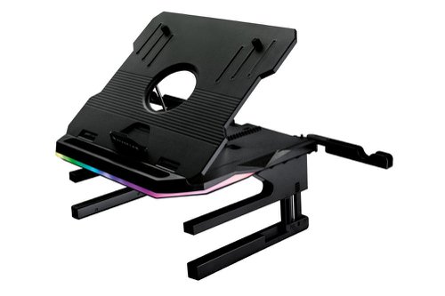 VER48843 | With 20 adjustable viewing angles, 3 height levels, 2 phone holders, foldable legs and RGB lighting, the Portus X2 gaming laptop stand positions everything where you need it for optimum game play.With 20 viewing angles, you can easily adjust the position of your laptop, Mac or tablet to ease you through those long gaming sessions.  Foldable stand legs let you raise the platform to three different height levels for the perfect eye line while providing storage space for the keyboard and mouse underneath.  No more hunching, neck stiffness, back pain, shoulder pain or eye strain – just lots of play in ergonomic comfort.Attach the Portus X2 to a USB port and get 6 different LED light modes – plenty of options to set the perfect mood for the game.Ventilation holes in the stand helps to reduce operating temperatures by encouraging airflow, protecting your laptop from overheating which could slow performance or cause damage.Made from high quality ABS and metal, the Portus X2 can support laptops up to 10 kg (22lbs) and 10-17.3 inches in size. Your laptop, Mac or tablet will be held in place by a top bracket and a non-slip rubber pad, preventing it from moving around. And the two mobile phone holders at the back of the stand allows easy access to your comms. In a flat position, Portus X2 can also be used as a monitor stand.