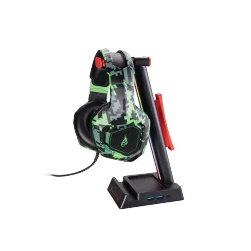 SUF48847 | The Vinson N2 features two USB-A ports; one USB-C port and one 3.5mm audio port; providing a multifunction connection hub for all your peripherals. Plug in your 7.1 virtual surround sound headset, connect your gaming mouse, or charge up your mobile phone from this headset stand. Clip to the desk, keeping gaming gear neatly arranged. The Vinson headset stand features an anti-slip rubber base so that it can be positioned anywhere to offer more space for gaming. The retractable rack can hold one or two headsets, saving space around the play area. Featuring a built-in phone stand, cable tidy and small storage area to keep everything organised, the unique clip-on gaming headset stand will declutter and organise any desk space. The six different LED light modes provide plenty of options to set the perfect mood for gaming, whether it is the multicoloured rainbow effect or the single colour theme.