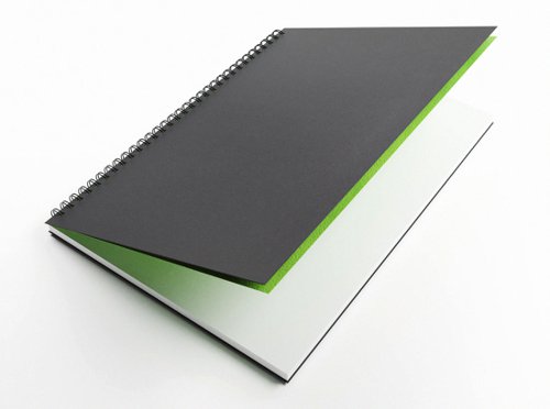 SV00418 | This British made, A3, portrait sketchbook contains 40 sheets (80 pages) of 150gsm, acid free, premium white, recycled cartridge paper. The medium surface makes it suitable for all types of media. Encased in a sturdy, black, hardback cover with a 'soft touch' laminated finish, the notebook is both durable and easy to clean. The paper is sized for wet strength, making it more resistant to bleed through and suitable for a variety of techniques. The large twin wire binding allows the sketchbook to lay flat whilst working and offers space for the sketchbook to expand as it fills with creations. Sourced from sustainable forests, this climate friendly notebook is the perfect choice for anyone looking to be more conscious about the environment.