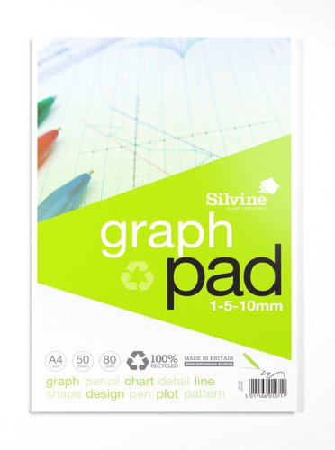 Silvine Recycled Graph Pad A4 Printed 1-5-10mm 50 Sheets 100% Recycled Paper Green (Pack 10) - A4GPRE