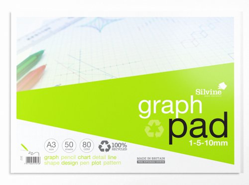 Silvine Recycled Graph Pad A3 Printed 1-5-10mm 50 Sheets 100% Recycled Paper Green (Pack 10) - A3GPRE