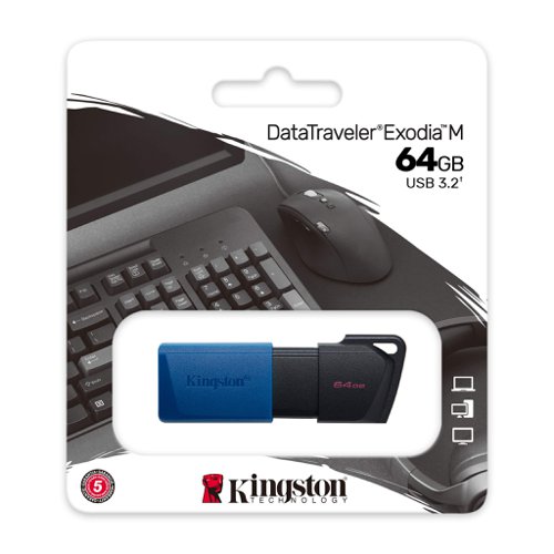 8KIDTXM64GB | Kingston DataTraveler® Exodia™ M features USB 3.2 Gen 1 performance for easy access to laptops, desktop PCs, monitors and other digital devices. DT Exodia M allows quick transfers and convenient storage of documents, music, videos and more. Its practical design makes it an ideal on-the-go storage solution whether at work, home or school. DT Exodia M is backed by a five-year warranty, free technical support and legendary Kingston® reliability.