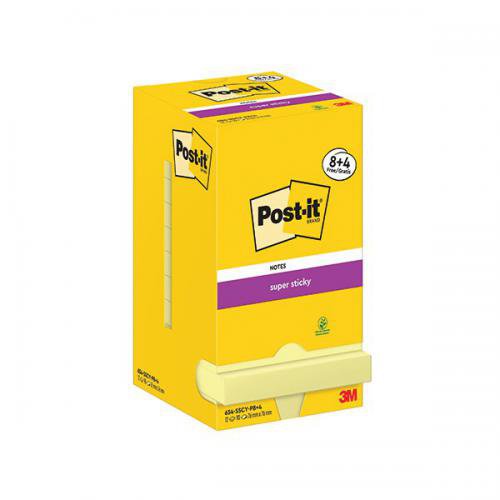 Post-it Super Sticky Notes 76x76mm Canary Yellow Promo Pack 90 Sheets per Pad (Pack 8 + 4 Free) - 7100290174 3M