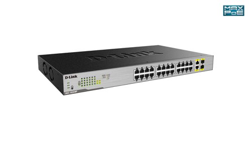 8DLDGS1026MP | The D-Link DGS-1026MP 26-Port Gigabit Max PoE Switch enables users to easily connect and power PoE-capable devices such as wireless access points (APs), IP cameras, and IP phones. Each of the 24 PoE ports can supply up to 30 W, with a total PoE budget of 370 W. The DGS-1026MP can also be used to connect other Ethernet devices such as computers, printers, and a Network Attached Storage (NAS) to fit any type of network application.