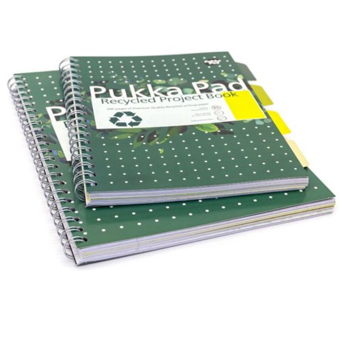 The Pukka Pads Recycled range reflects Pukka´s commitment to creating ethical, high-quality products. We are very proud to offer a premium quality recycled notepad range, so you can be sustainable and stylish. The possibilities for our notebooks are endless, whether it’s for back to school, university, WFH, or just a space for your ideas. Our B5 project books are the perfect addition to your stationery collection... Why not choose a planet-friendly alternative to your usual notebook?The Recycled project book is B5 in size and features perforated pages with margin, and is made from 100% recycled high-quality 80GSM paper. Printed on the inside cover are 12 helpful tips on how you can help save the planet, as well as 4 dividers on the inside of the pad to help separate different projects or topics.Each notebook includes 200 pages with 8mm standard lines, brilliant for all types of note-taking such as school revision, work notes or business use. The perforated edge is great for tearing out notes easily, especially helping for organising notes into filing systems. The best part is that our pads are 100% recycled, so we’re helping to save the mother pukking planet! 